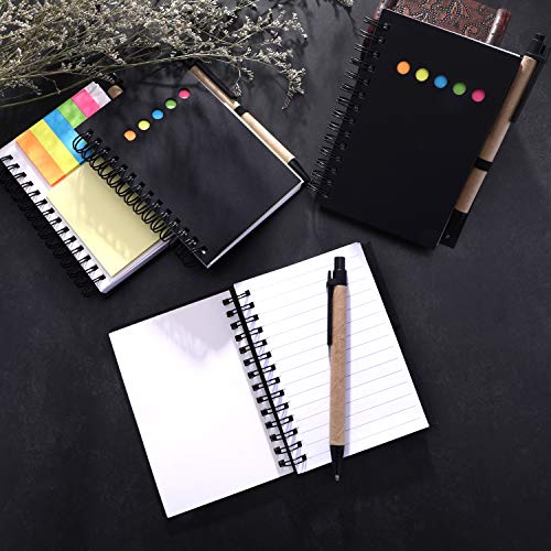 Maxdot 4 Pieces Kraft Paper Steno Pocket Business Notebook Spiral Lined Notepad Set with Pen in Holder, Sticky Colored Notes Page Marker Tabs (Black Cover)