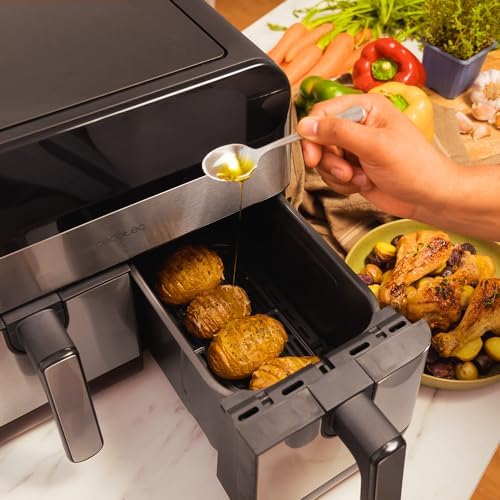 Fritadeira de ar digital cecotec 9l cecofry advance 9000 inox. 2800w, 2 baldes de 4,5l, temperatura dupla, temperatura ajustável de 80-200ºc, 7 programas, painel de toque multifuncional