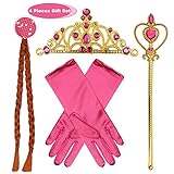 Fedio Girls Princess Dress up Accessories 4 Pieces Gift Set Princess Gloves, Hair Braid, Tiara Crown and Wand for Kids (Rose)