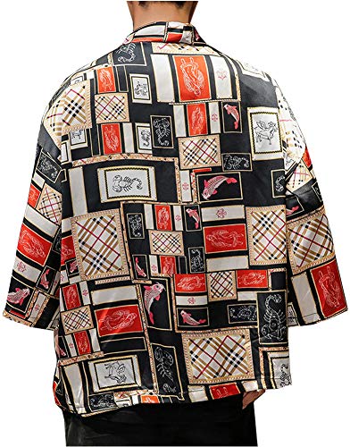 Hotmiss Men's Harajuku Fish Printed Cotton Blends Linen Kimono Cardigan Jackets 3XL (Red, Medium)
