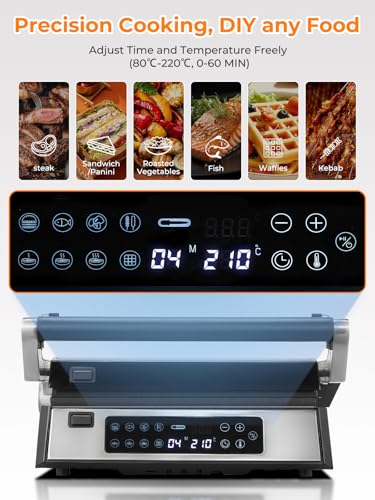 FOHERE Multifunctional 4 in 1 Contact Grill, Waffle Maker and Sandwich Maker with 4 Removable Non-Stick Plates, Individual Time and Temperature, LED Display, 2000W