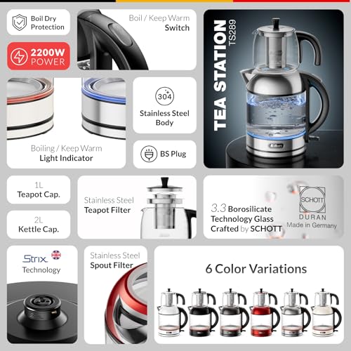 Feller Germany TS289 2-in-1 Tea Maker, 2L German Schott Glass Kettle + 1L Teapot, 2200W Strix Control, Keep Warm, BPA Free, Stainless Steel Filter (Stainless Steel)