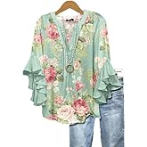 Women's Summer Colorful Boho Floral Printed V-Neck Ruffle Bell Sleeve Tops Dressy Casual 2025