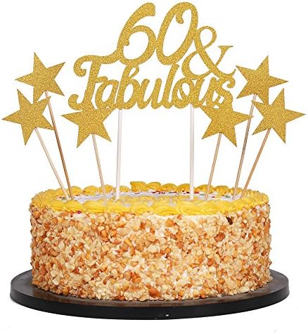 QIYNAO 7 Gold Glittery Fabulous Cake Topper and Five-pointed star, Wedding, Birthday, Anniversary, Party Cupcake Topper Decoration (60&amp; Fabulous)