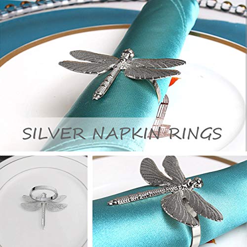 Silver Napkin Rings Set of 6 for Wedding Holiday, Metal Dragonfly Napkin Holders for Table Linens, Dining Kitchen Coffee Everyday Use Dinner Party Occasion