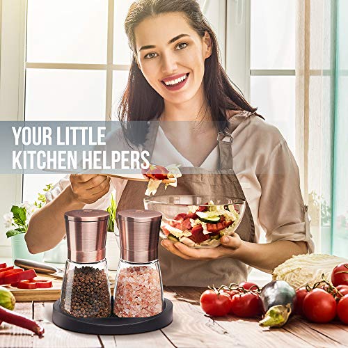 Traycon Salt And Pepper Grinder Set (2 Pc.) Copper Colored Stainless-Steel, Glass Base/Kitchen, Dining Room Accessory/Spices, Himalayan Pink Salt, Peppercorn/With Bonus Black Silicon Stand