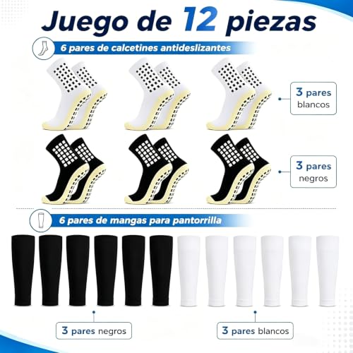 6 Pares Calcetines de Fútbol y 6 Pares becerro Mangas combinación, Soccer Calcetas Antideslizante，Calceta Manga Sin Pie，Antideslizantes y Absorbentes Sudor de Calcetas Deportivas,Mayor Agarre