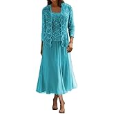 2 Piece Mother of The Bride Dresses for Wedding Tea Length Chiffon Formal Evening Dresses with Jacket