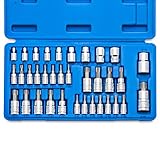 Neiko 10070A Torx Bit Socket and E-Torx Star Socket Set | 35-Piece Set, S2 and Cr-V Steel, 1/4", 3/8" and 1/2-Inch Drive