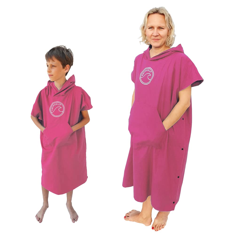 SwimCell Microfibre Changing Robe For Women, Men and Kids - Light Weight, Quick Drying Surf Changing Towel With Hood and Pocket - Opens into Large Beach Towel - Pink, Large