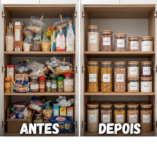 Kit com 11 Potes para Mantimentos Herméticos de Vidro com Tampa de Bambu, Vedação em Silicone, Organizador e Armazenamento para Cozinha e Despensa, Porta manetimentos.