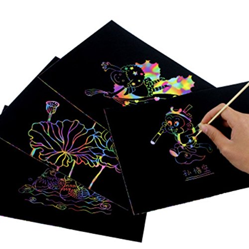 30 Sheet Scratch & Sketch Art papers for Kids Childrens Girls, Scratch Art Rainbow With Three Wood Stylus, Scratch Magic Notes, 7.5" x 10.2"