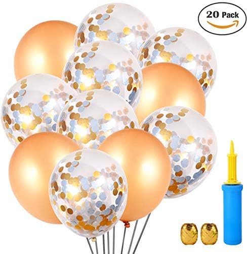 Shiny Party Gold Champagne and Silver Gold Confetti Latex Balloons, Air Pump, Ribbons, Clips - 20 Pack - 18 Inch - for Wedding, Birthday, Bridal and Baby Shower Decorations