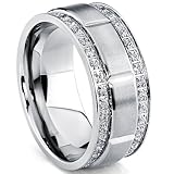 Men's Titanium Wedding Band Ring with Double Row Cubic Zirconia, Comfort Fit Sizes, 9MM 8 to 12
