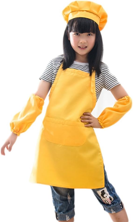 Chytaii Kids Children Apron Chef Hat and Sleeves Cover Set Spron for Kids Cooking Class Painting and Playing 50x45cm (Yellow)