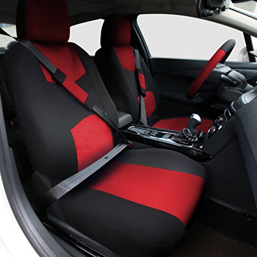 Copap Universal Car Seat Covers Flat Cloth Mesh 17pcs Seat Covers for Auto Universal Fit Front Airbag Compatible Black / Red Strip Free Steering Wheel Cover