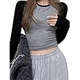 EMMIOL Raglan Tee for Women Y2k Clothing Going Out Tops Long Sleeve Ribbed Knit Crop Top Scoop Neck Tee Shirt Club Streetwear