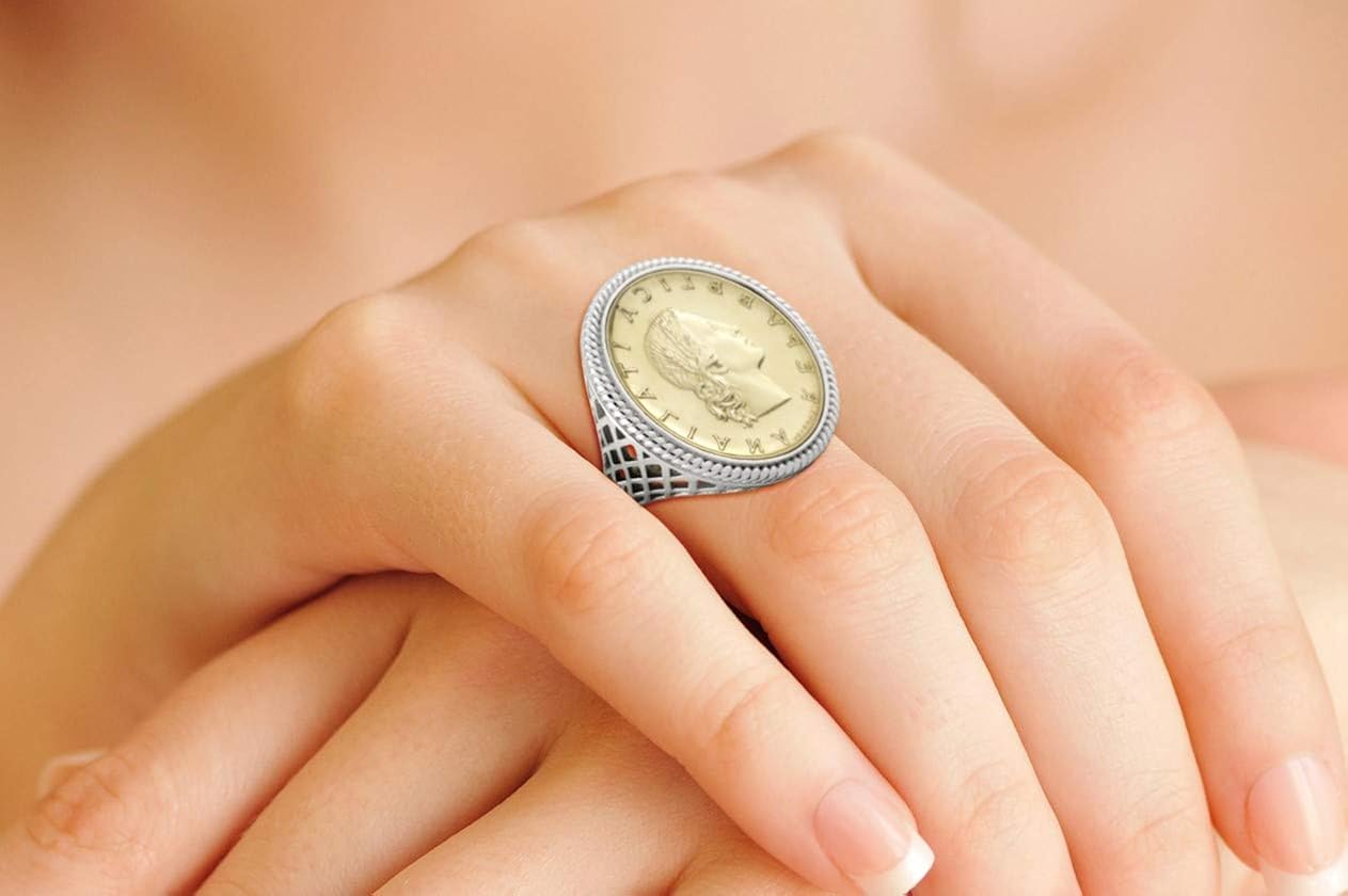 Miabella 925 Sterling Silver Genuine Italian 20-Lira Coin Rope Ring for Women: Clothing