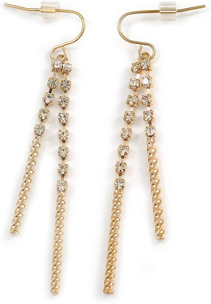Gold Plated Diamante Linear Drop Earrings 65mm Length