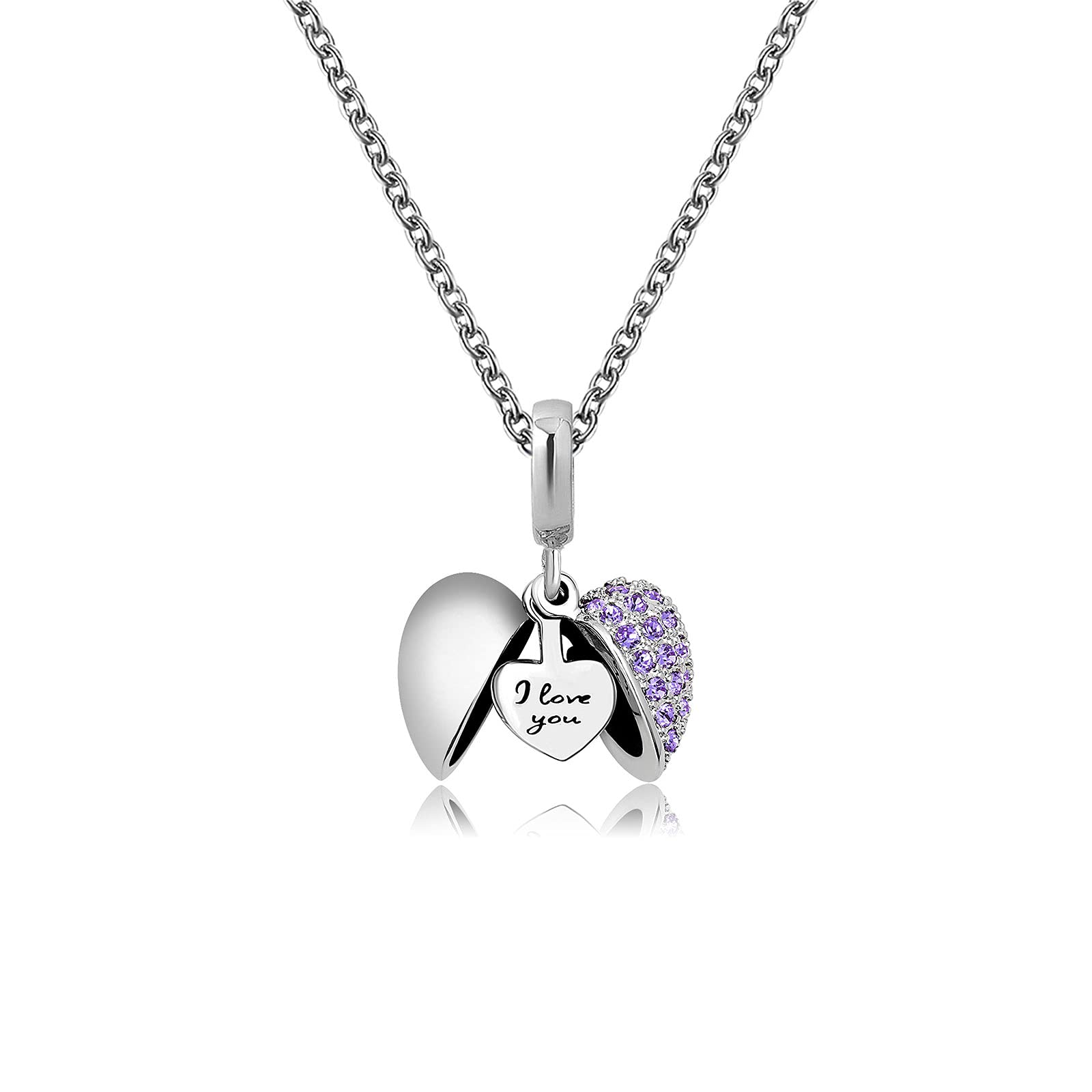 KunBead Jewelry Purple Open Heart I Love You Crystal Charm Pendant Dainty Necklace for Women Girls