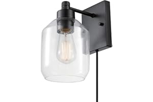 Globe Electric 51551 Middleton 1-Light Plug-in or Hardwire Wall Sconce, Dark Bronze, Clear Glass Shade, 6ft Black Fabric Cove