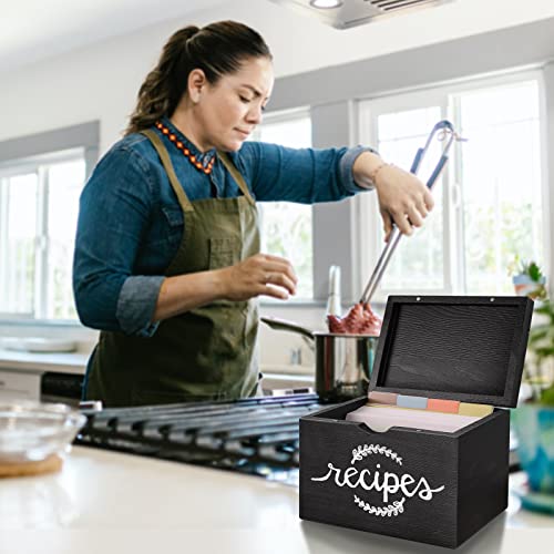 Recipe Cards and Box Set, Wood Recipe Card Box, Farmhouse Recipe Organizer for Kitchen Counter