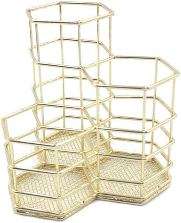 Pen Holder Pot, Hollow Rose Gold Copper Wire Mesh Brush Pen Holder Metal Round Pen Pot Makeup Organiser Storage without Lid