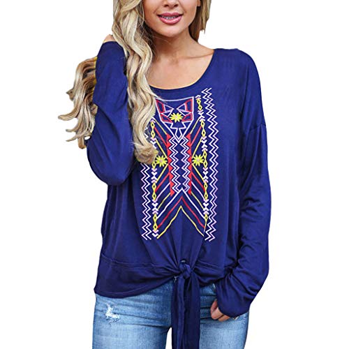 Fashion Women Long Sleeve Geometric Print Blouse Pullover Bandage Tops T-Shirt Blue