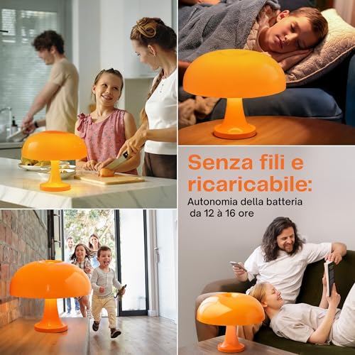 Wireless LED Bedside Lamp-Mushroom Lamp Vintage Design Space Age-Orange Table Lamp with Remote Control, USB Rechargeable Battery, 3 Colors, Touch Dimmer, Atmosphere Lighting