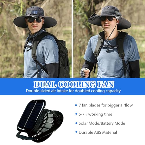 Solar Fan Sun Hat Wide Brim Hat Outdoor Wide Brim Sun Hat with 2 Solar Fan Fishing Hat, Hat UPF 50+, Removable & USB Charging