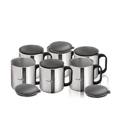 Pigeon - Stainless Steel Coffee Cup Set of 6 (With Lid)
