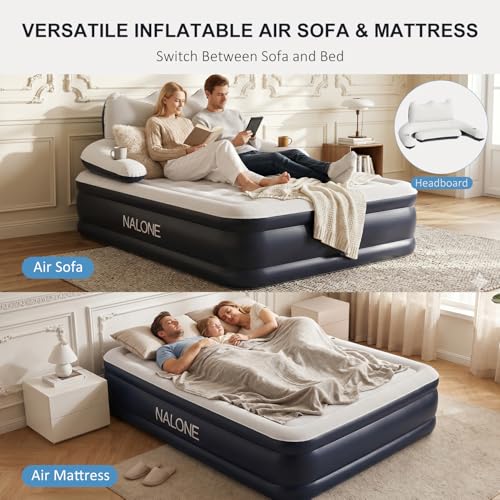 NALONE Matelas Gonflable 2 Personnes Electrique, Lit Gonflable Autogonflant 203x152x45cm, Pompe Électrique Intégrée avec Dossier Amovible (2 Personnes)