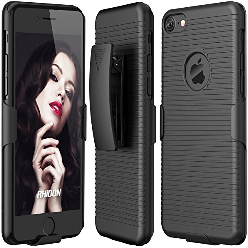 iPhone 7 Case, Rhidon Super Slim Hard Shell Layer Holster Open-Face Sport Case with Holster Kickstand and Locking Belt Swivel Clip for Apple iPhone 7 (Black)