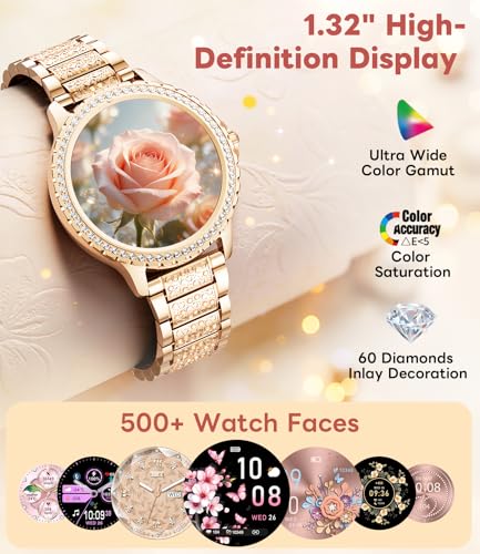 Women's Smart Watch with Diamonds, 1.32 Inch Smartwatch Women with Bluetooth Calls, Heart Rate/Sleep Monitor, 500 + Dials, IP68, 110+ Sports Modes for Android and iOS, Rose Gold