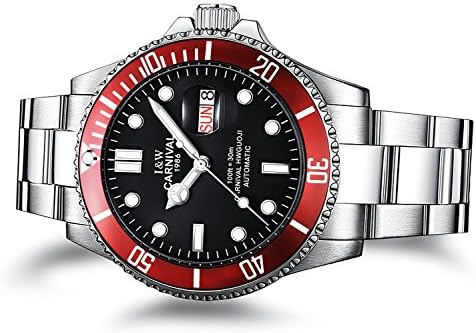 PASOY Men Automatic Mechanical Luminous Dial Black Rotatable Bezel Sapphire Glass Steel Week Day Watches