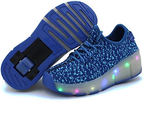 Orethyia Kids LED Roller Skate Shoes Boys Girls Mesh Flyknit Upper Wheel Lace Light Up Fashion Sneakers (11 M US Little Kid, Blue)
