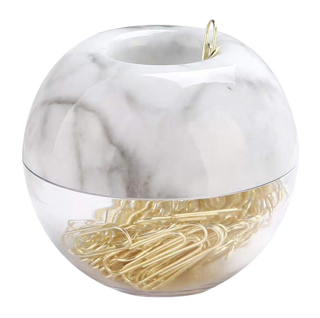 Hillento Gold Paper Clips in Elegant Magnetic Marble White Clip Holder, 100 Clips per Box, 28mm Paper Clips for Office Supplies Desk Organizer
