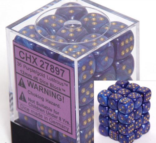 Chessex Dice d6 Sets: Lustrous Purple with Gold - 12mm Six Sided Die (36) Block of Dice