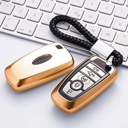 FELICIKK For Ford Key Fob Cover Full Protection Key Fob Case with Key Chain Compatible with Keyless Remote Control Smart Escort Edge Mondeo Ecosport Key Series (Color : Gold-3)