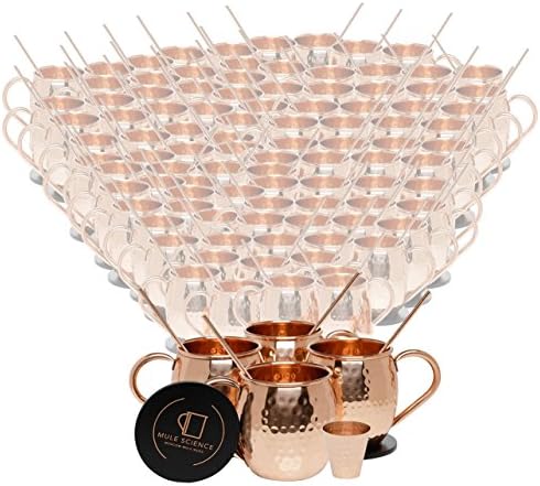 Set of 100 Pure Copper Moscow Mule Mugs by Mule Science with BONUS: Cocktail Copper 100 Straws, 2 Shot glasses and 100 coasters!