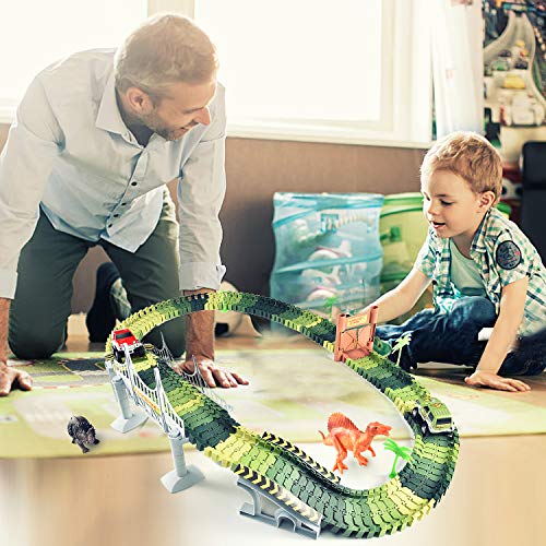 Fulljion Jurassic World Dinosaur Toys Track Racing Playset, 142pcs Building Toys DIY Assembled Track Set 2 Electric Cars(Equipped 2 Batteries), 3 Dinosaurs, 5 Soldiers - Children Christmas Toys