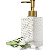 Gold Soap Dispenser for Bathroom,Retro White Square Lotion Dispenser, Refillable Countertop Ceramic Hand Soap Dispenser,Dish Soap Dispenser for Kitchen 350ml(Relief White Square Bottle)