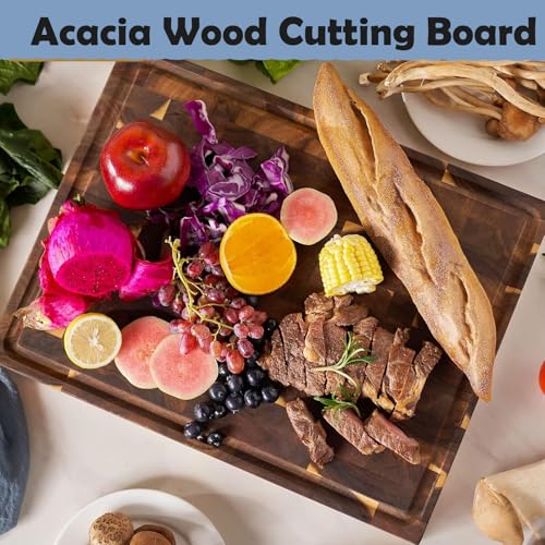 Tabla para picar cocina de madera 40 × 30 × 3 cm, con canal para jugos y asa, ideal para carne, verduras y frutas, diseño a cuadros, madera natural y dura, fácil de limpiar