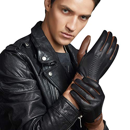 FIORETTO Winter Mens Italian Leather Driving Gloves Touchscreen Cashmere Wool Lined Brown 10