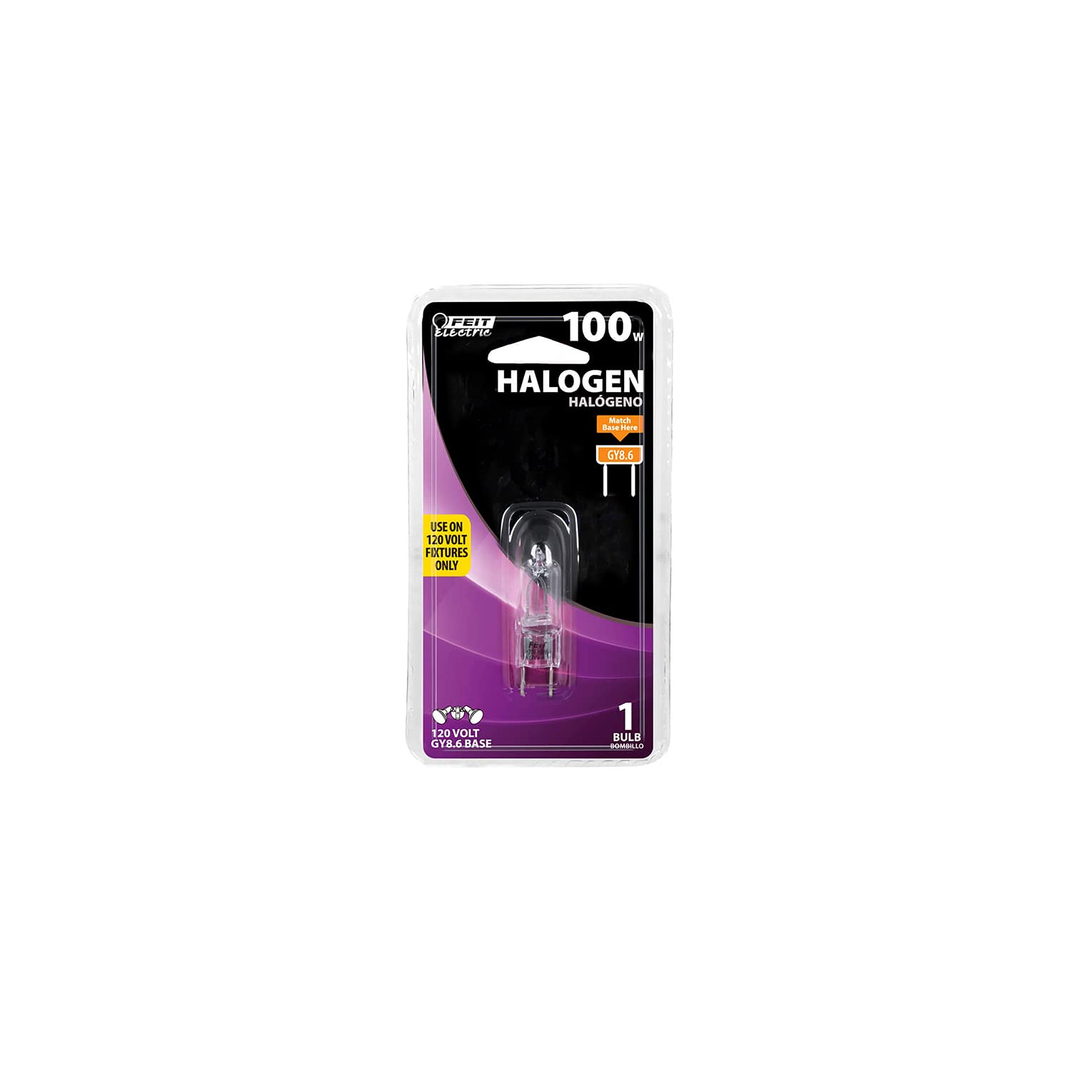 Photo 1 of Feit Electric 100-Watt Halogen Bulb, Dimmable, GY8.6 Base, 1600 Lumens, Warm White 3000K, Ideal for Accent, Display, Appliance, Pool & Spa Lighting, 2,000-Hour Lifespan, BPQ100/8.6/CAN