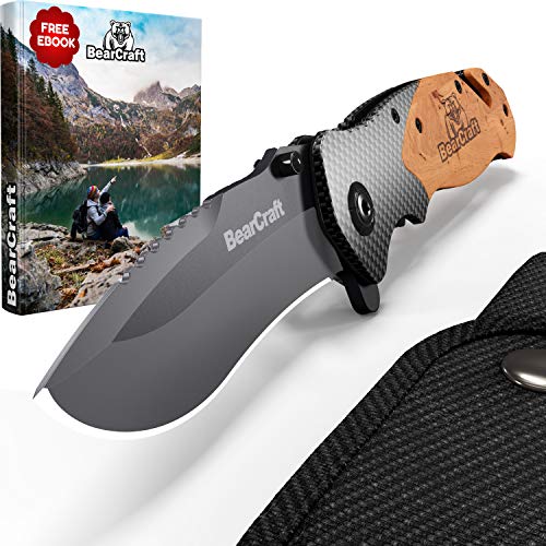 BearCraft Klappmesser in Carbon Design mit **GRATIS eBook** | Outdoor Survival Taschenmesser | Einhand-Rettungsmesser mit Glasbrecher und Gurtschneider – Bild 4