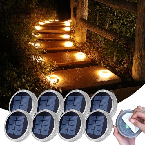YiLaie Twilight Solar Lights Outdoor Garden 24 LEDs, 11 cm Solar Beacon Circular Floor Adhesive Lighting 360°, IP68 Waterproof for Path, Parking, Stairs, Sidewalk, Warm White (8 Pack)