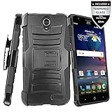 ZTE Sonata 3 Case With Tempered Glass Screen Protector,IDEA LINE(TM)Heavy Duty Armor Shock Proof Dual Layer Holster Locking Belt Swivel Clip with Kick Stand + Stylus Pen(Black/Black)