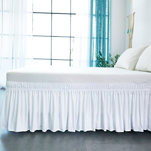 Cozylife Three Fabric Sides Wrap Around Elastic Solid Bed Skirt, Easy On/Easy Off Dust Ruffled Bed Skirts 14 Inch Tailored Drop (White,Full/Queen)