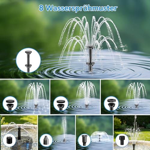 POPOSOAP Solar Fountain with Pond Filter, 8W Solar Fountain and 3000mAh Backup Battery, 8 Spray Modes and 1.5m Hose for Small Outdoor Ponds, Bird Baths